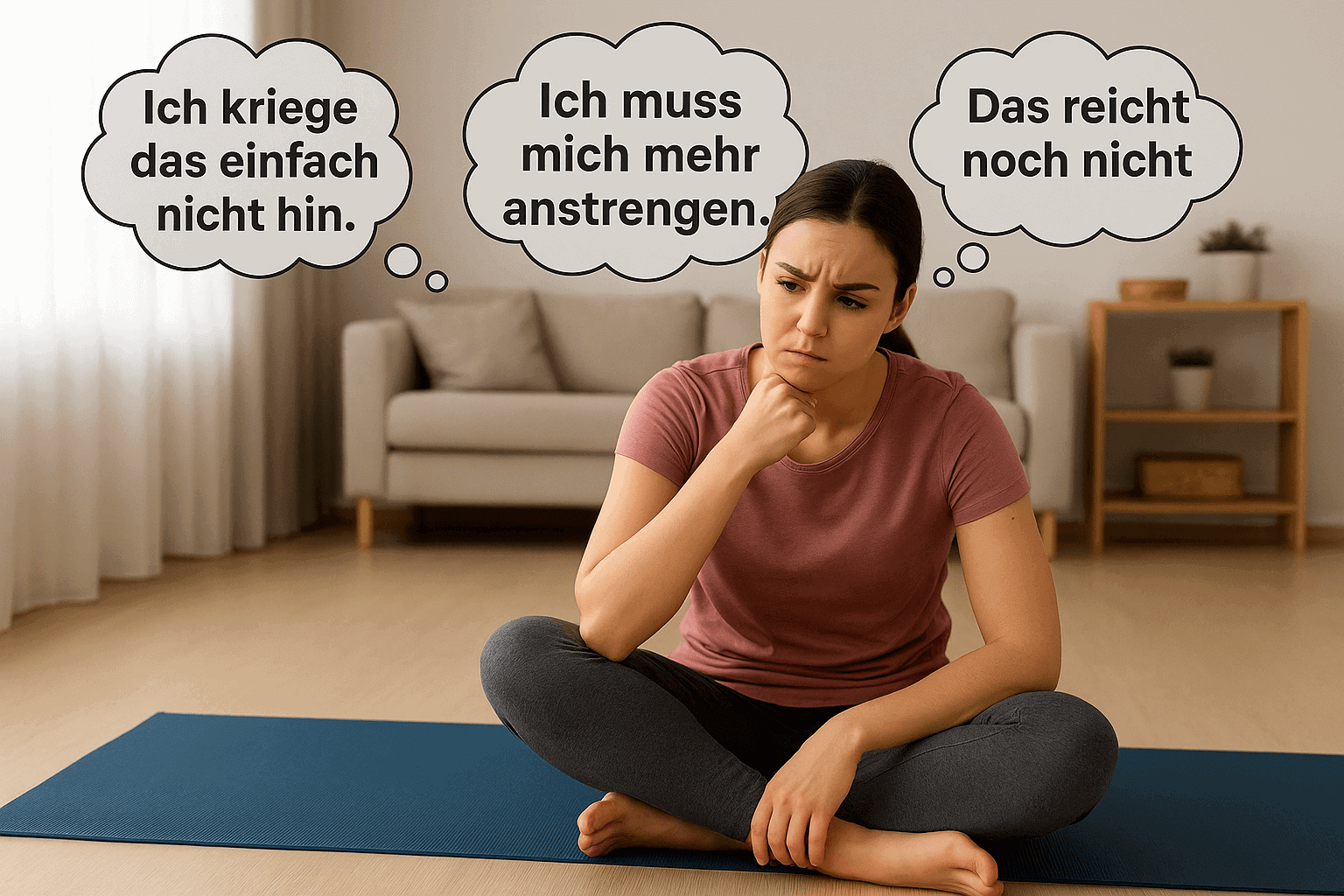 Frau sitzt auf Yogamatte mit negativen Gedanken