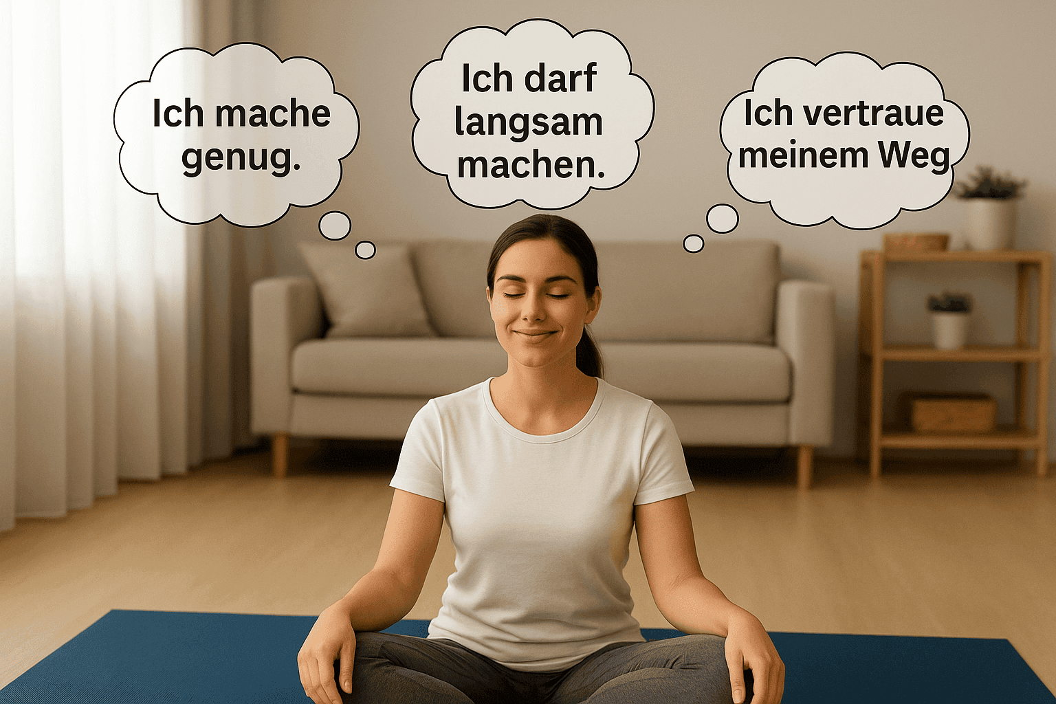 Frau sitzt auf Yogamatte und hat positive Gedanken