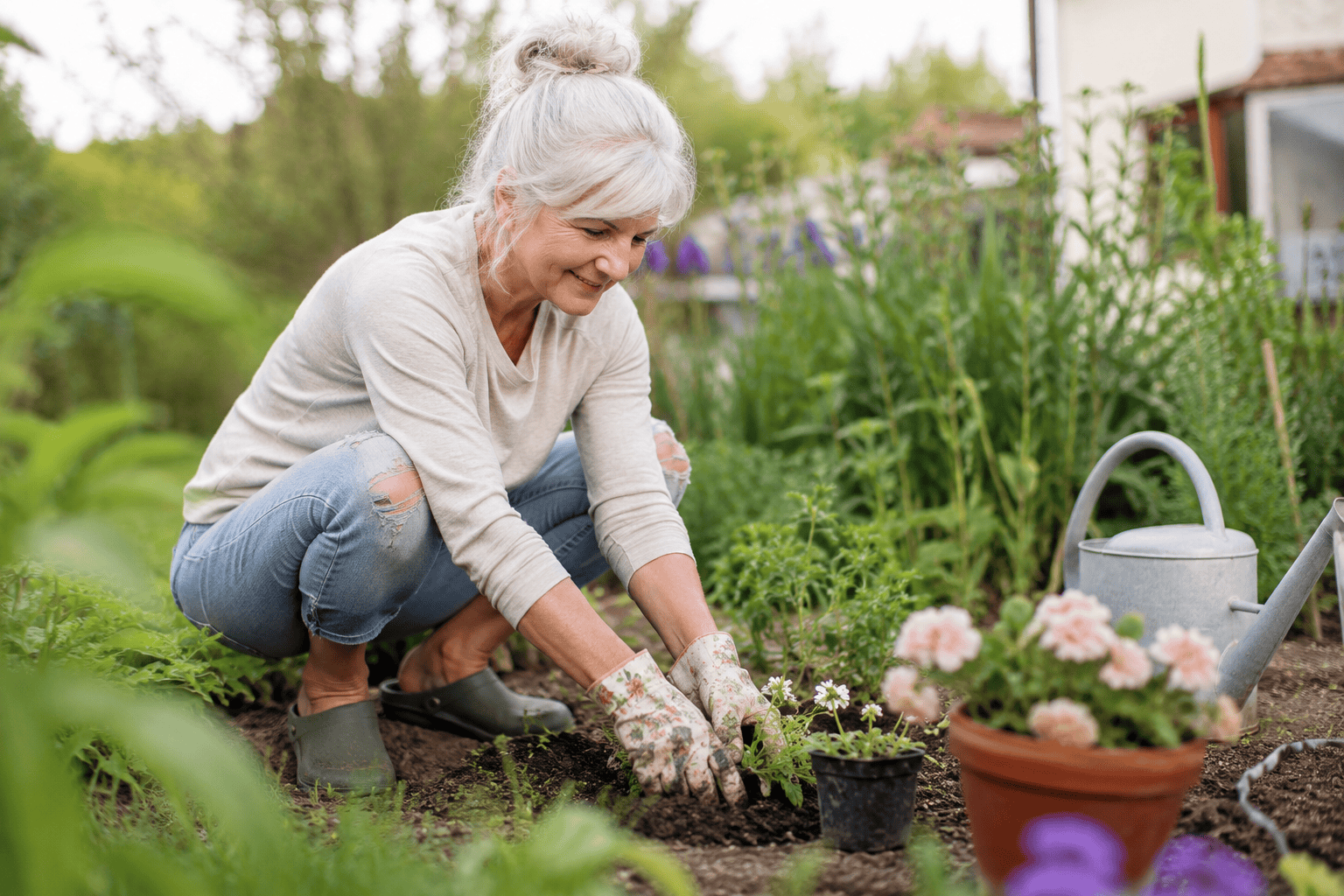 Ältere Frau pflanzt Blumen im Garten, umgeben von Pflanzen und Gartengeräten.