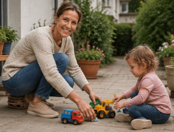 Eine Frau mittleren Alters in Freizeitkleidung hockt auf der Terrasse vor einem kleinen Kind, das auf dem Boden sitzt, zwischen ihnen zwei Spielzeugautos